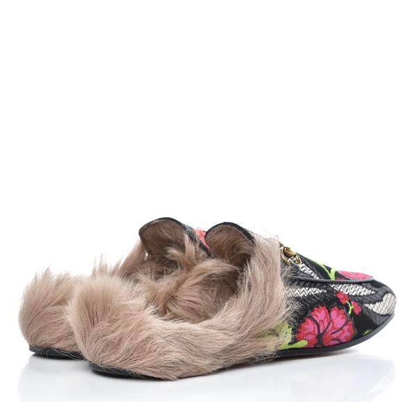 Authentic Gucci Tapestry Brocade Fur Floral Princetown Slides Mules - Picture 2 of 10